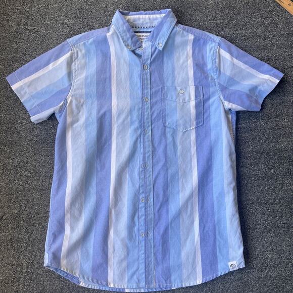 Free Planet Button Down Blue White Vertical Wide Striped Shirt Mens Medium - Picture 1 of 6